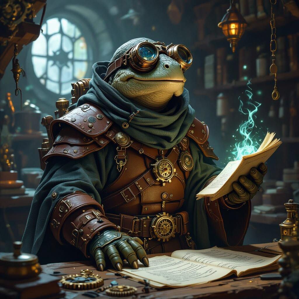 Tortle Wizard Artificer in a Dimly Lit Workshop