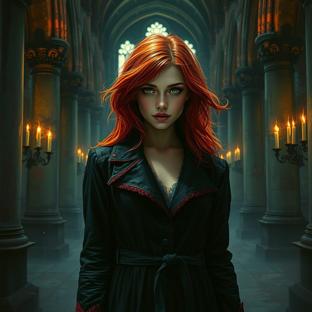 Mysterious Woman in Ruined Cathedral, in a Cyberpunk Aesthet...