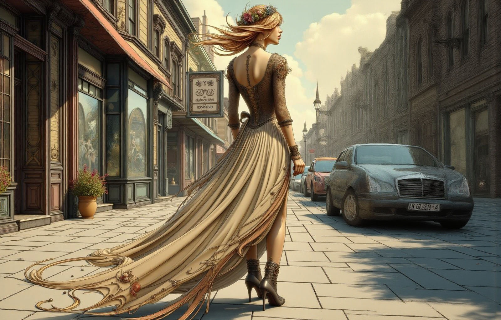 Elegant Woman Contemplates Abandoned Business in Art Nouveau...