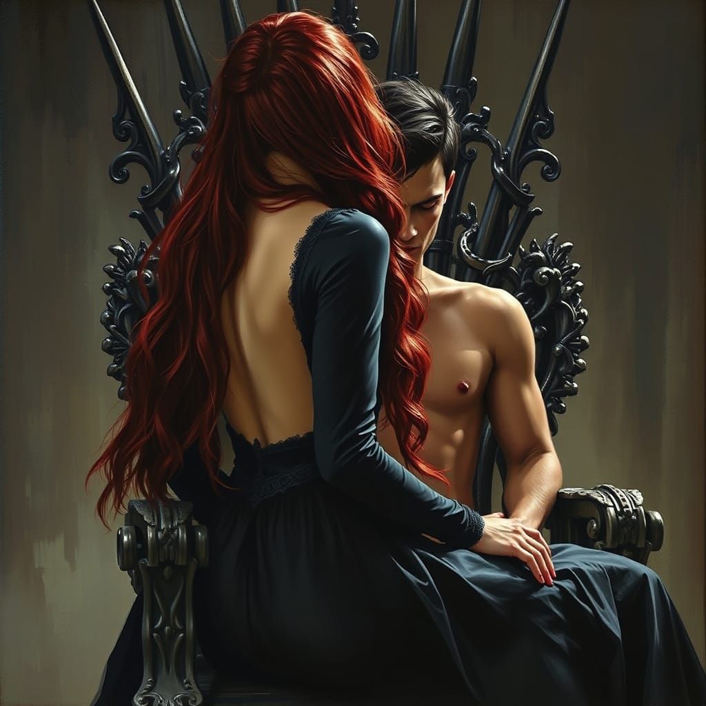 Woman in Burgundy Hair on Ornate Throne with Mysterious Gaze