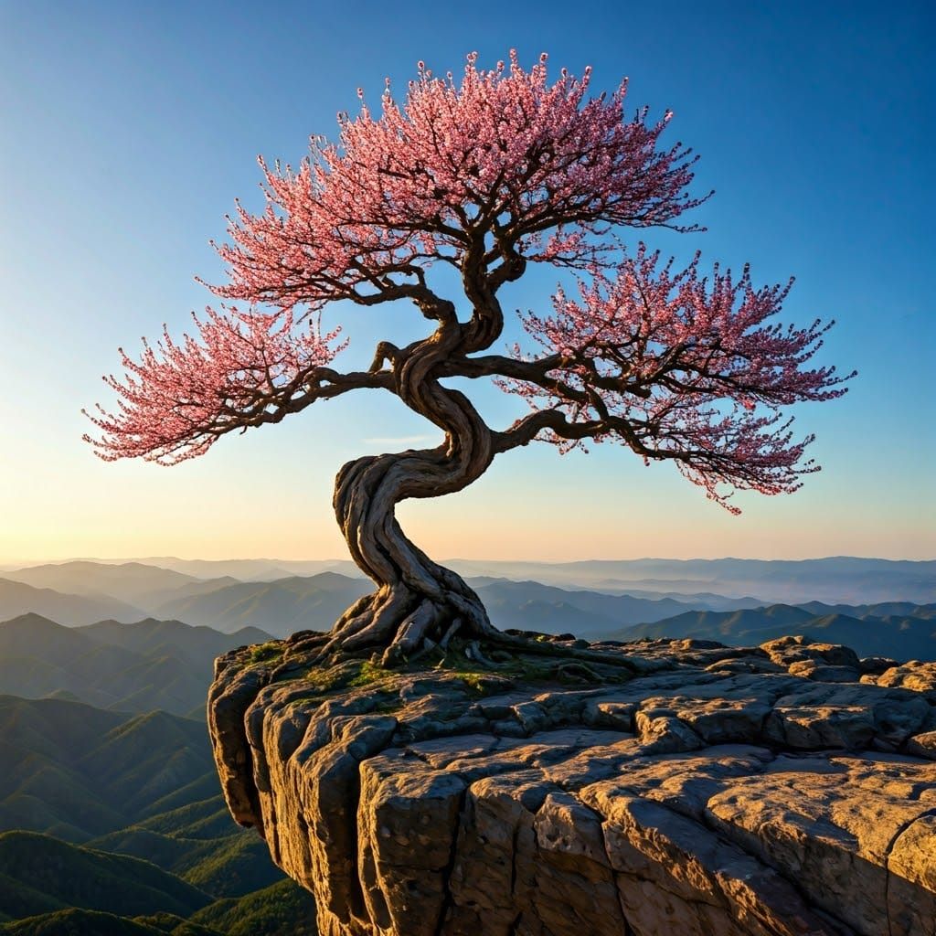 Bonsai Cherry Blossom Tree on Rock Ledge