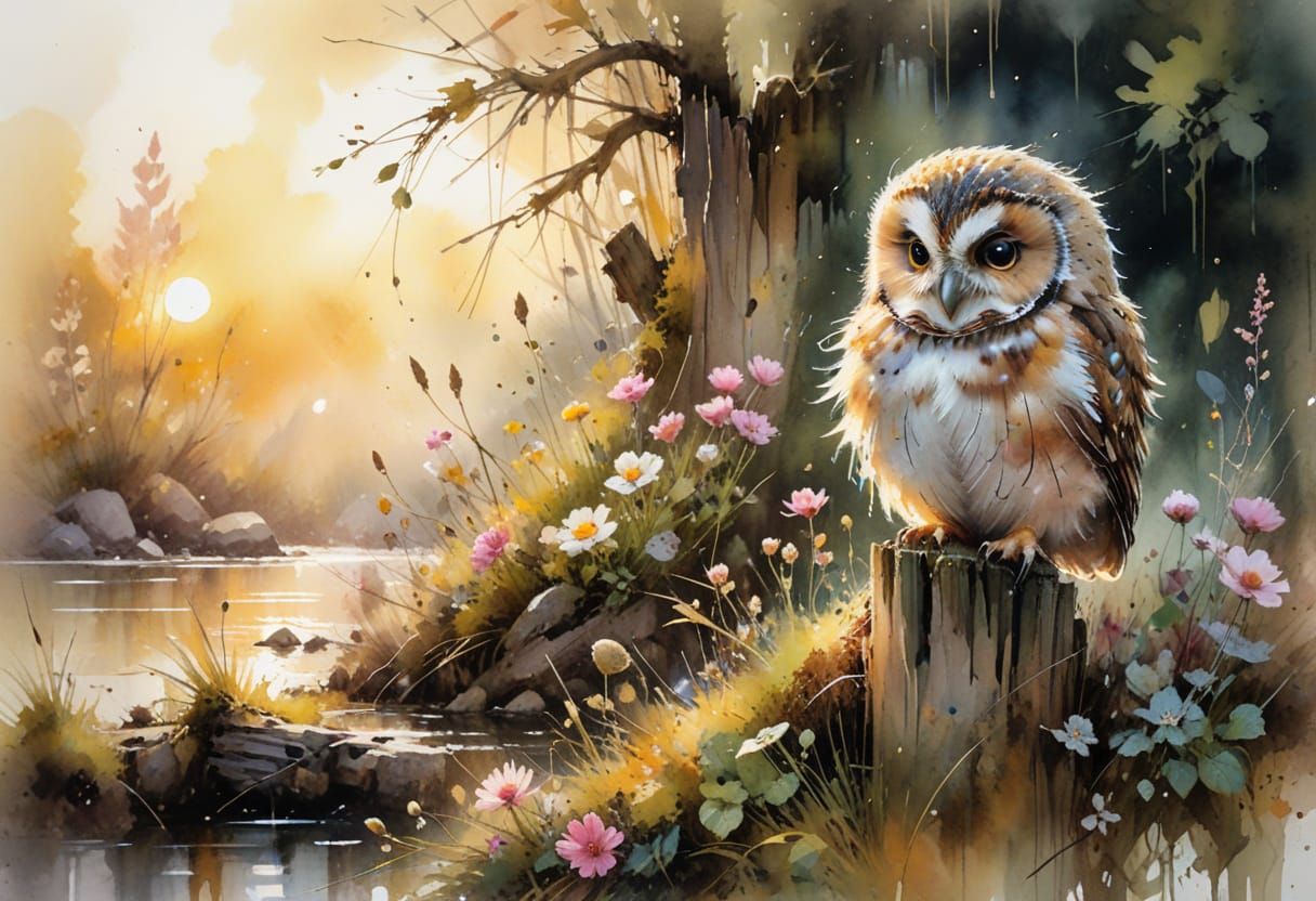 Baby Owl in Golden Hour: Watercolor Impressionism