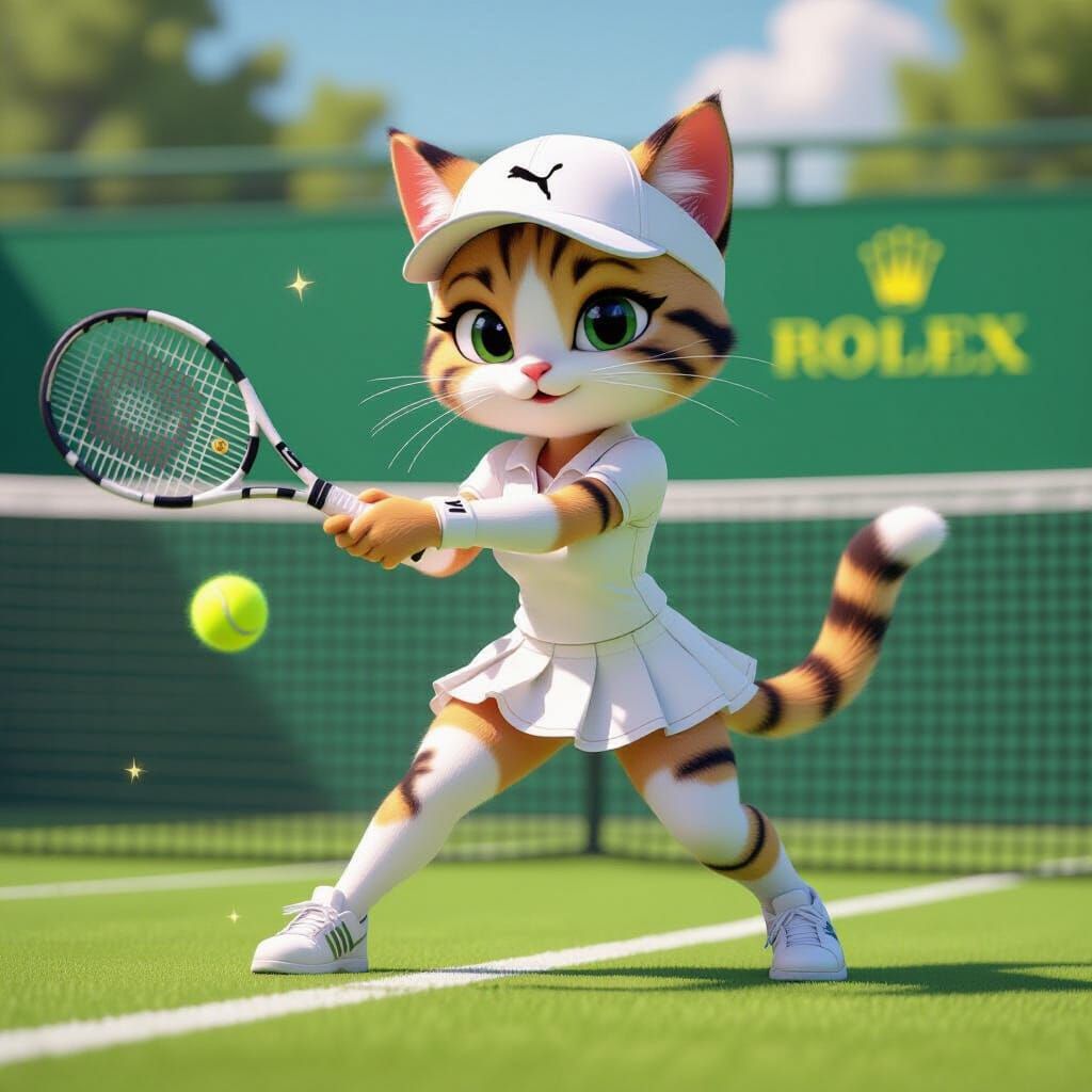 Calico Cat Athlete on Tennis Court in Cartoon Style