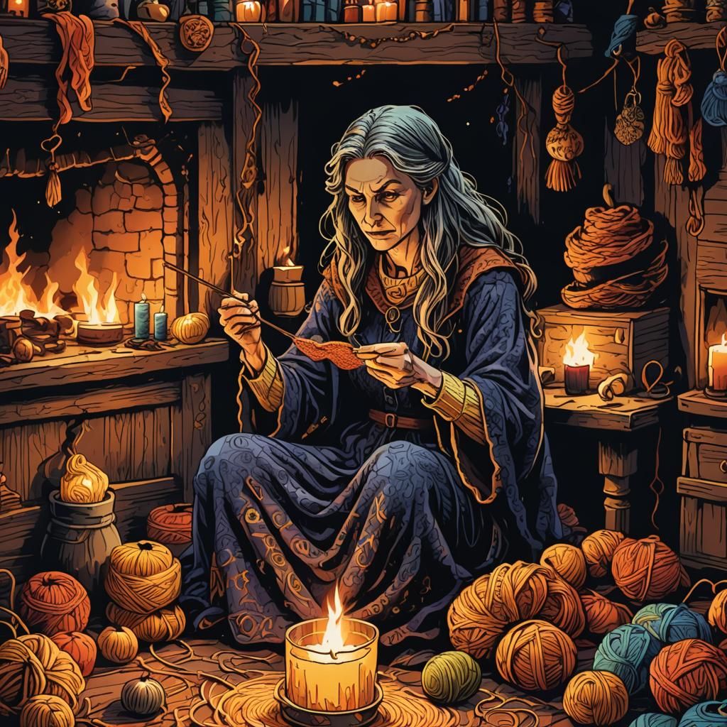 Hearth Witch Knitting in Candlelight: Comic Book Art