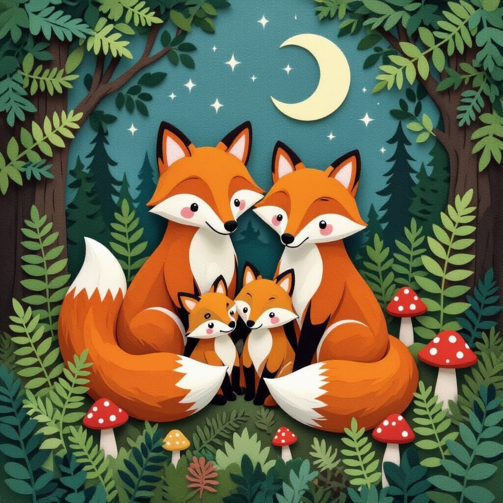 Fox Family in Woodland Felt Art Style