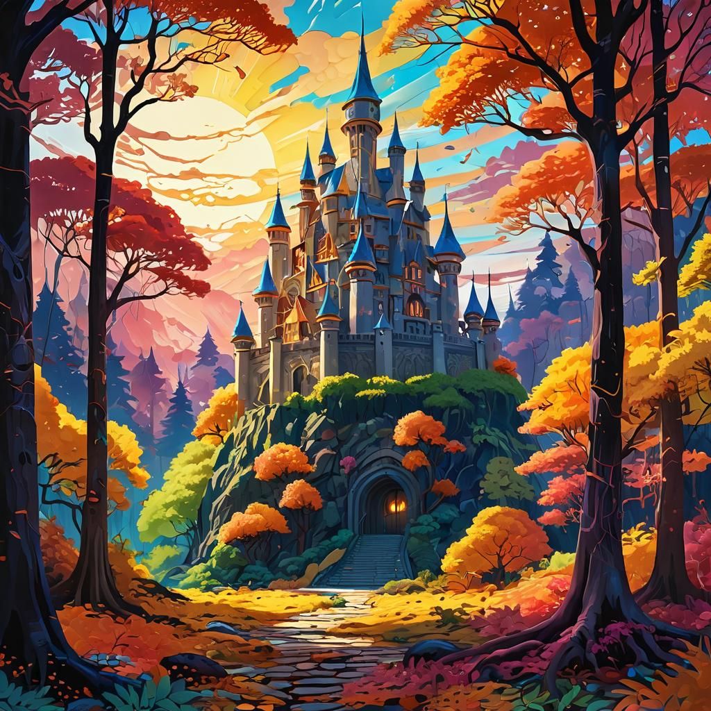 Alien Castle in Colorful Forest: Surreal Landscape Art