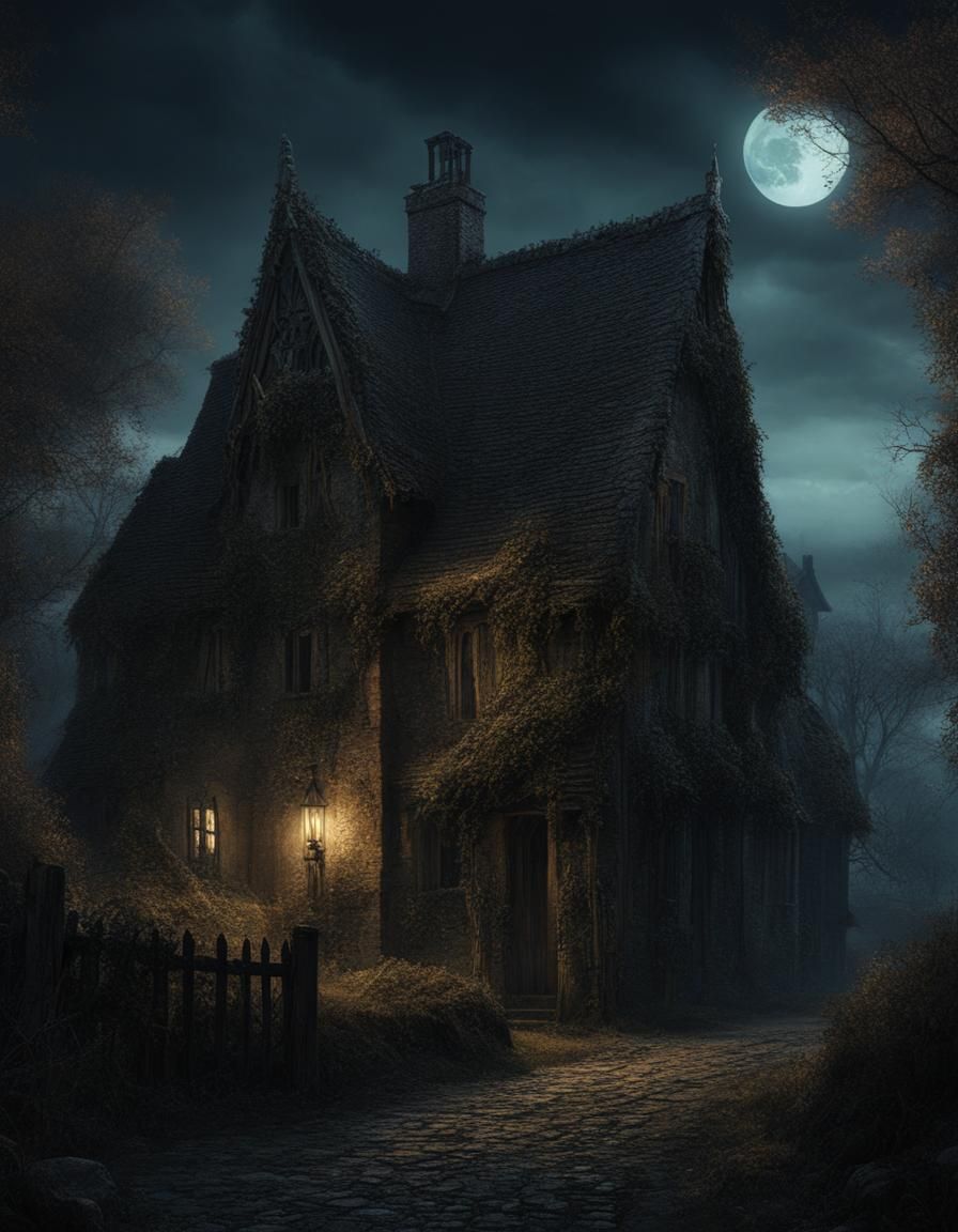 Eerie Apparition in Gothic Village at Night