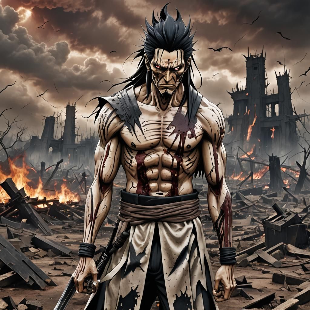 a tattoo of Zaraki Kenpachi standing amidst a ruined battlef...