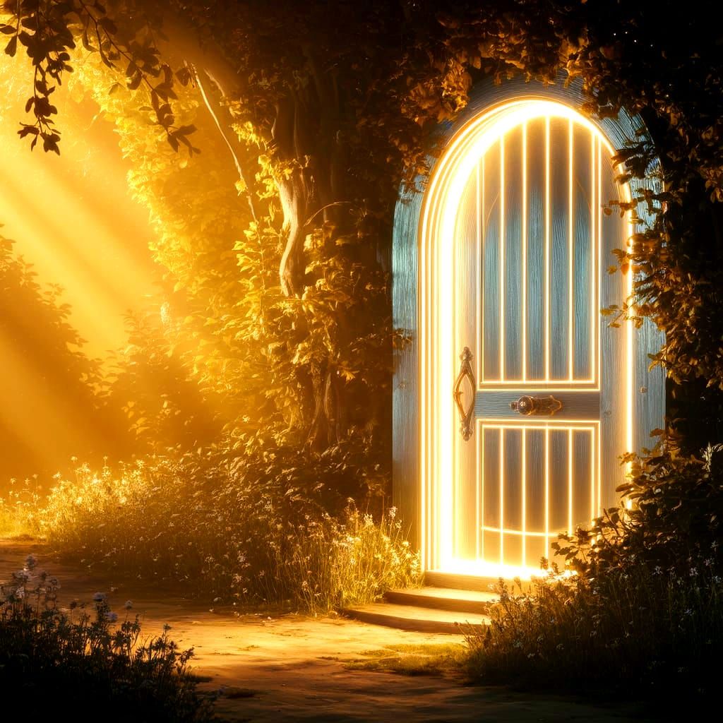 Glowing Door in Ethereal Forest Bathed in Sunlight