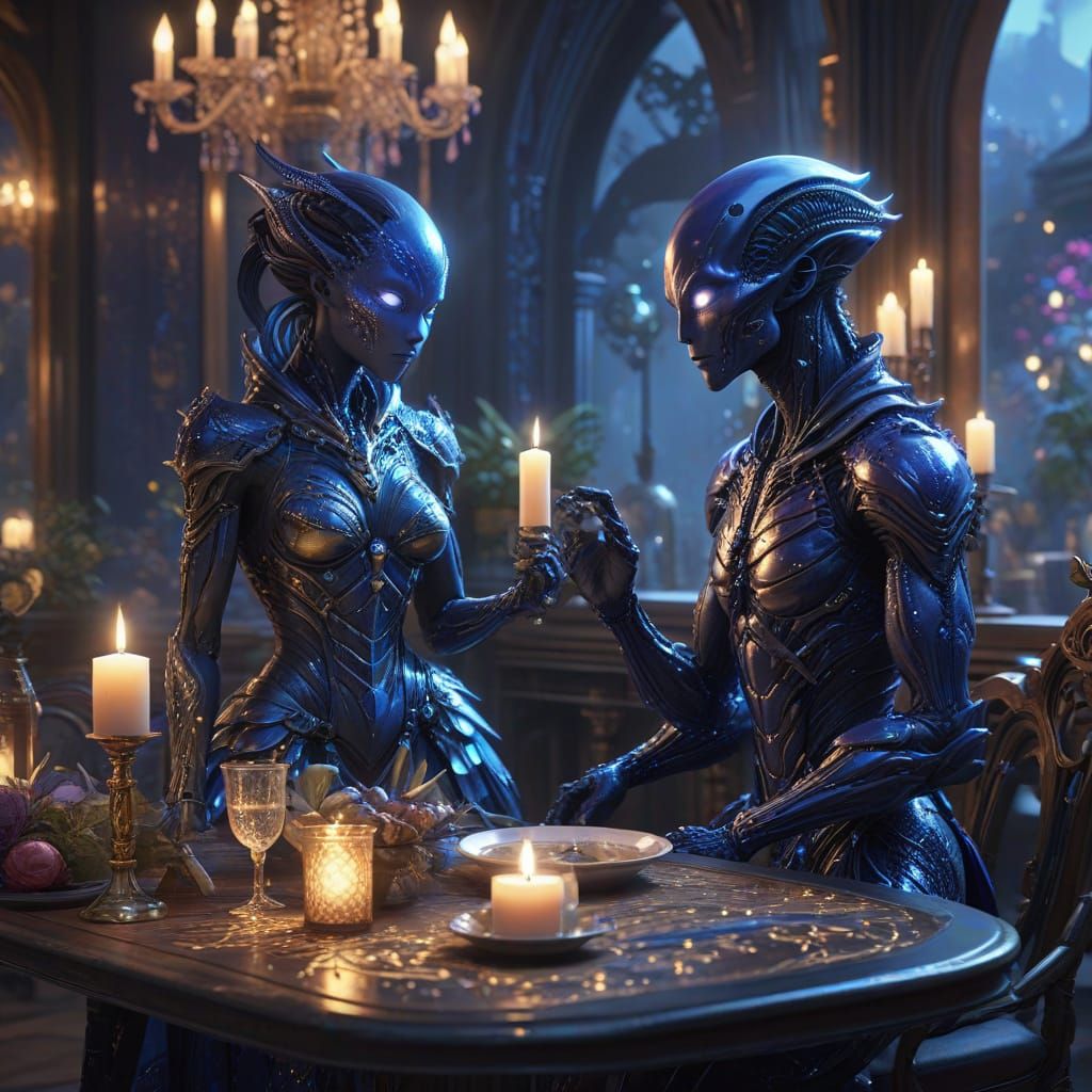 Elegant Intergalactic Date Night in 3D Anime Style