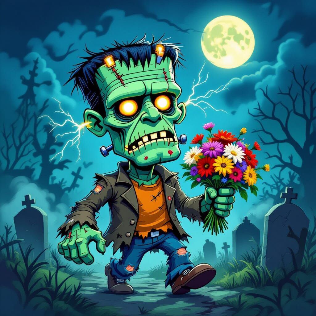 Frankenstein's Monster Caricature in Spooky Halloween Cartoo...