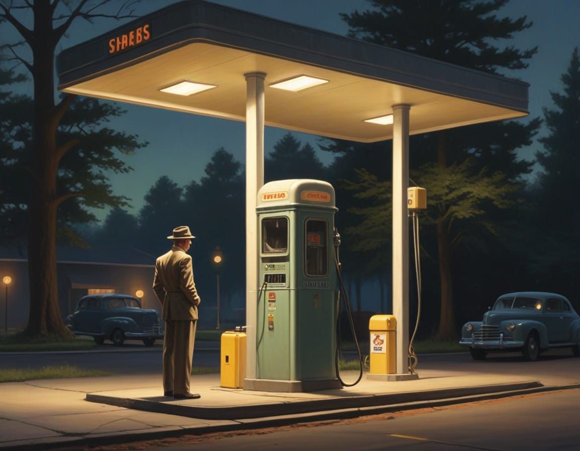 A 1940s Gas Station Attendant Stands Vigilant in the Fading ...