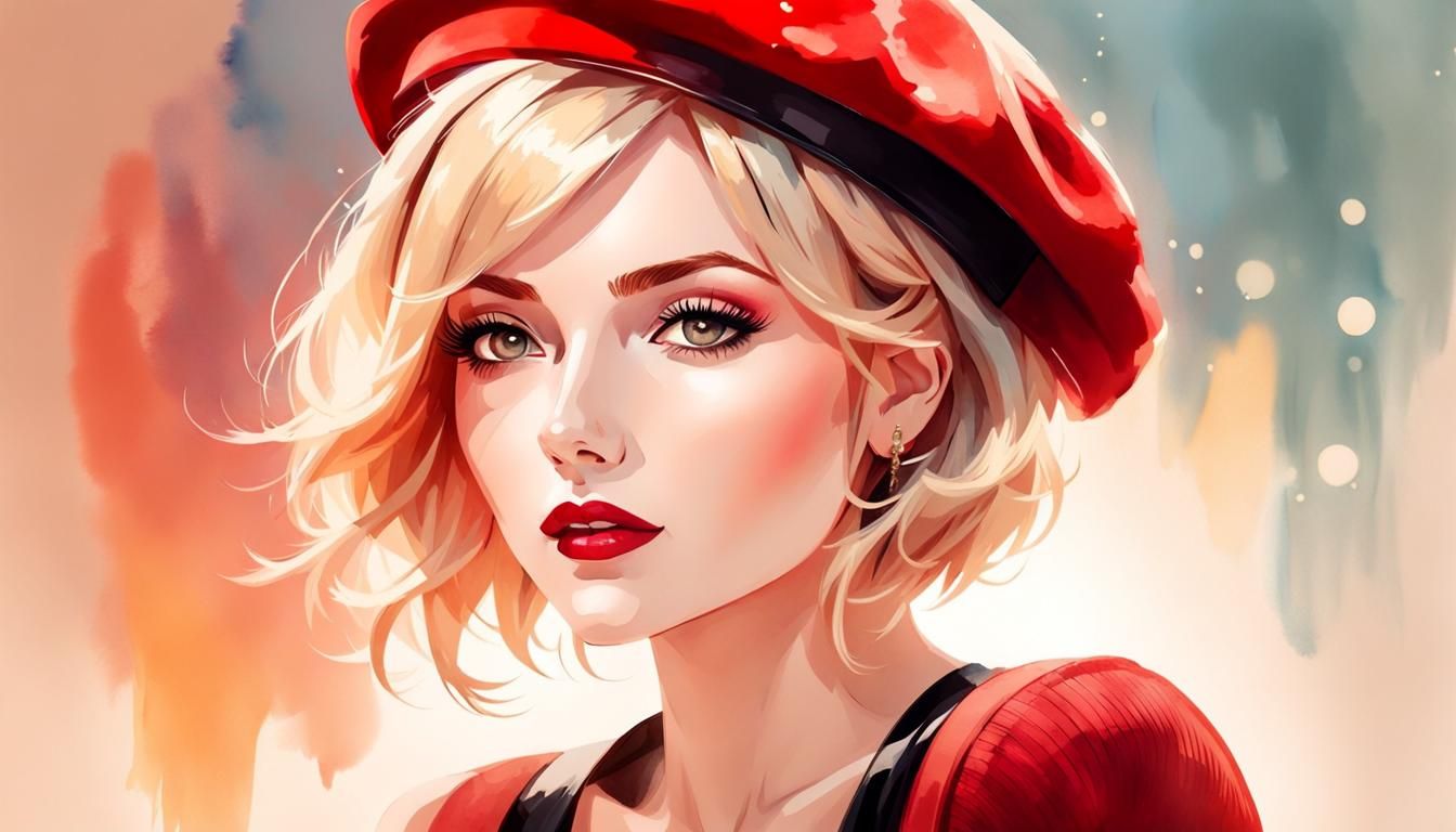 Blonde Girl in Red Beret: Watercolor Glamour Portrait