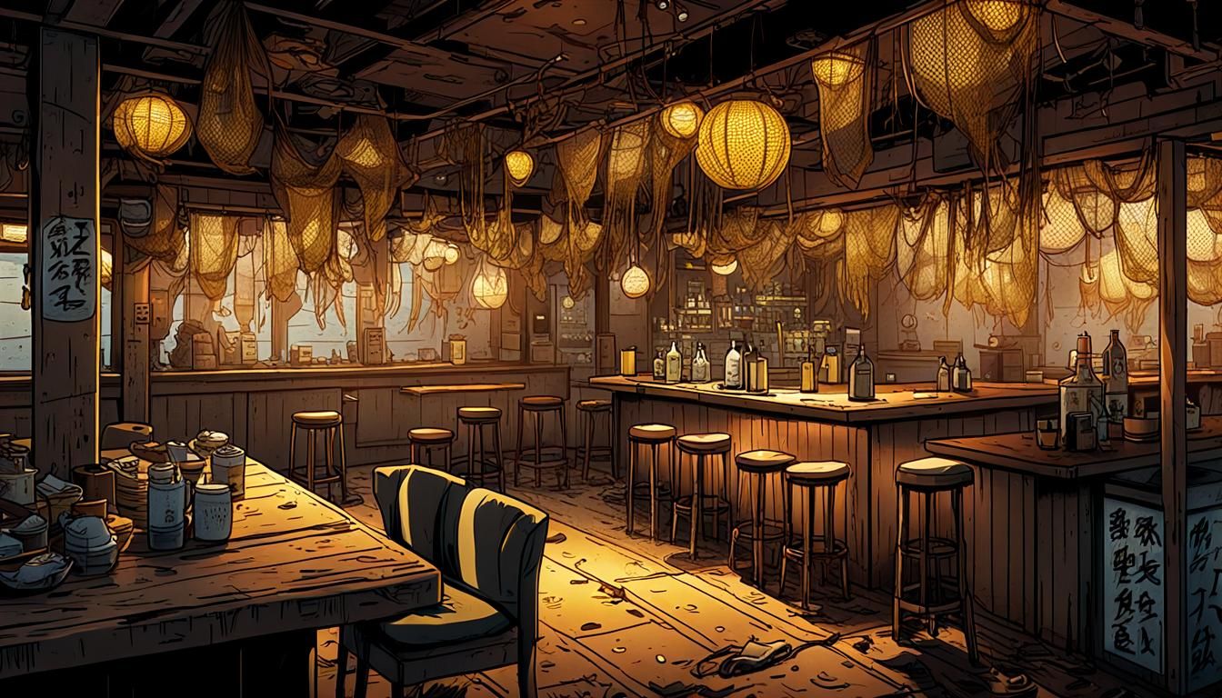 Dirty Bar Interior in Illegal Japanese Port, Comic Book Art