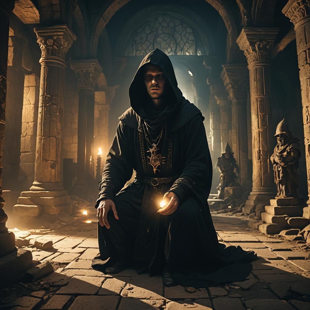 Hooded Wizard in Ruined Temple, Dark Fantasy Art