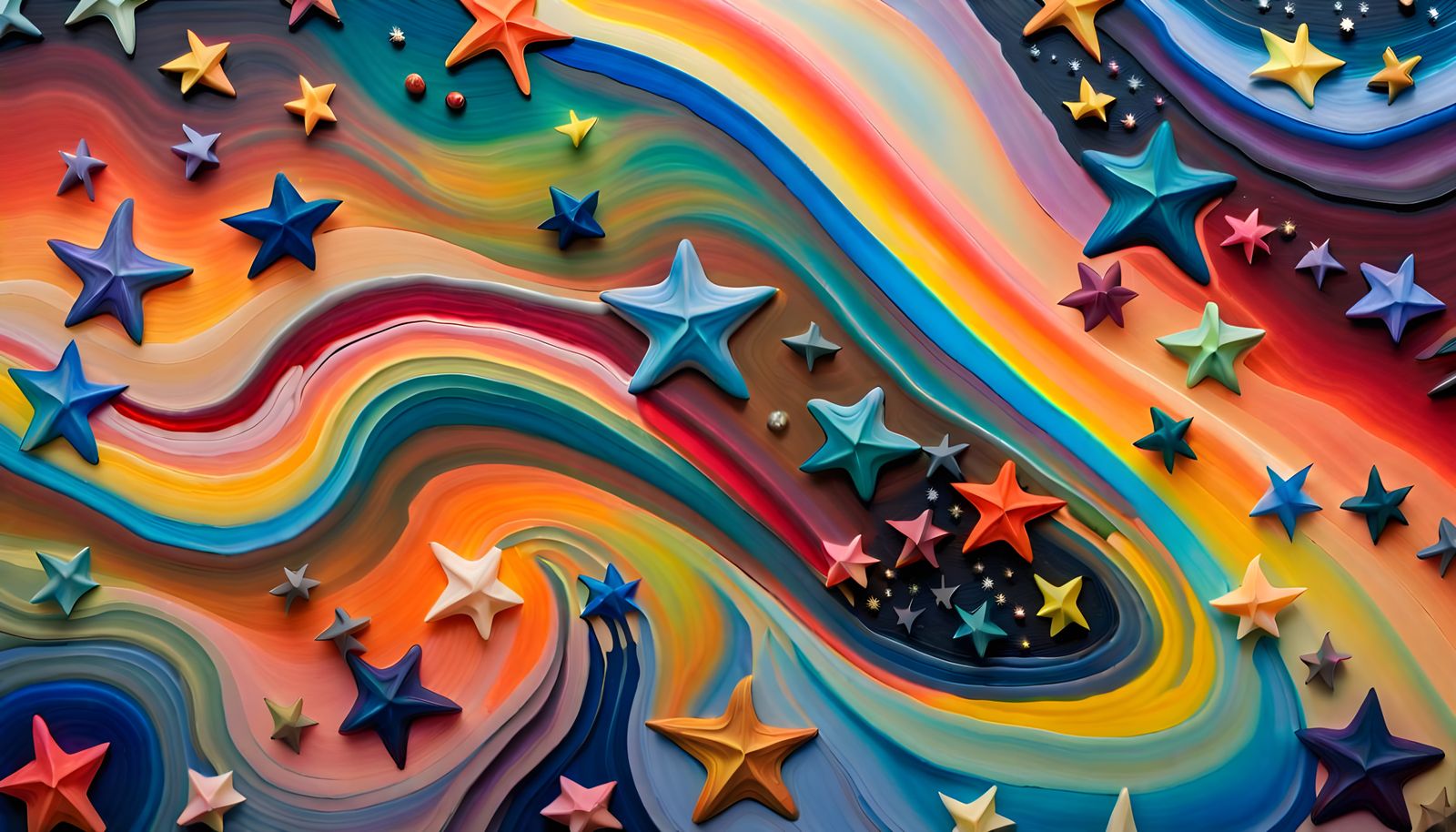 Iridescent Stars Dance in Rainbow Impasto Painting