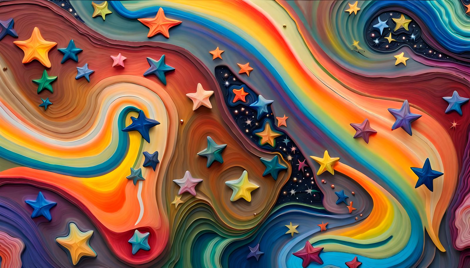 Iridescent Stars Dance in Rainbow Impasto Painting