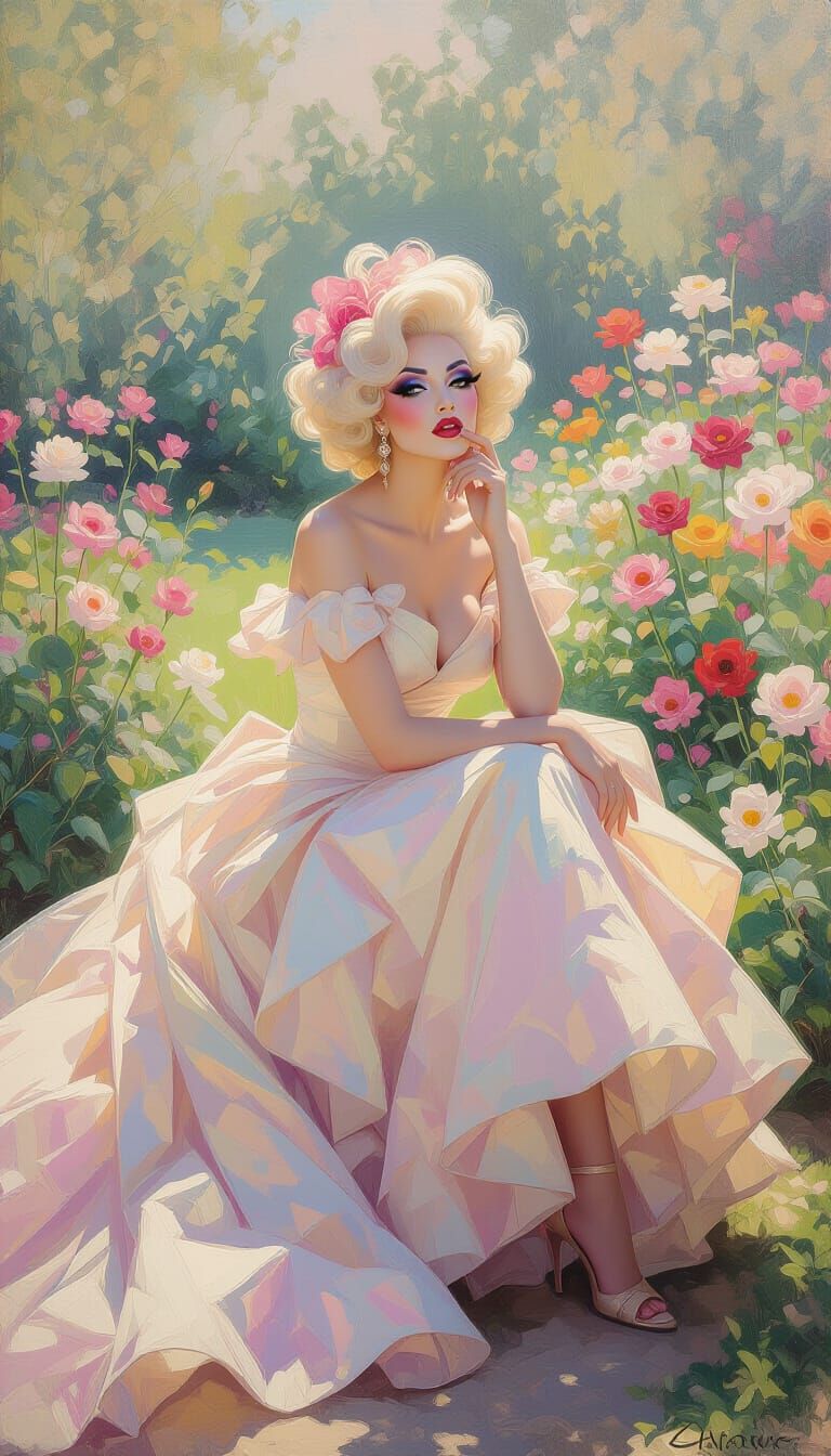Impressionistic Garden Scene with Flirty Drag Queen