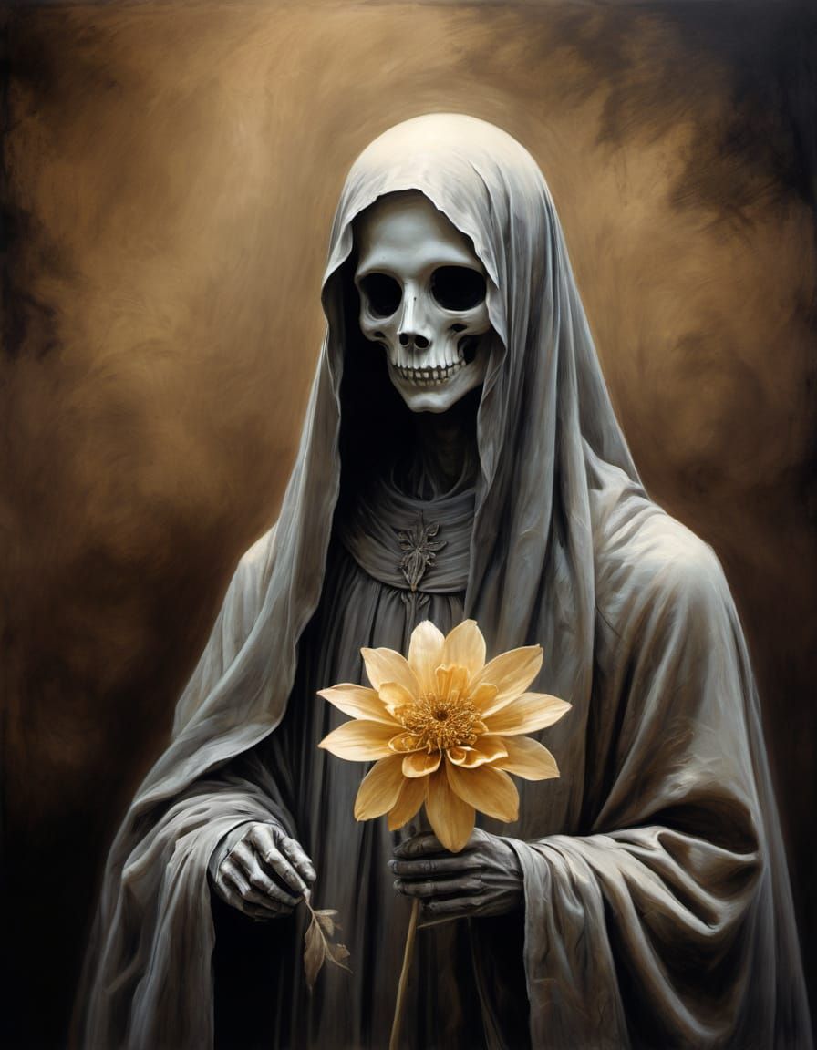 Melancholic Ghost with Flower in Charcoal Drawing