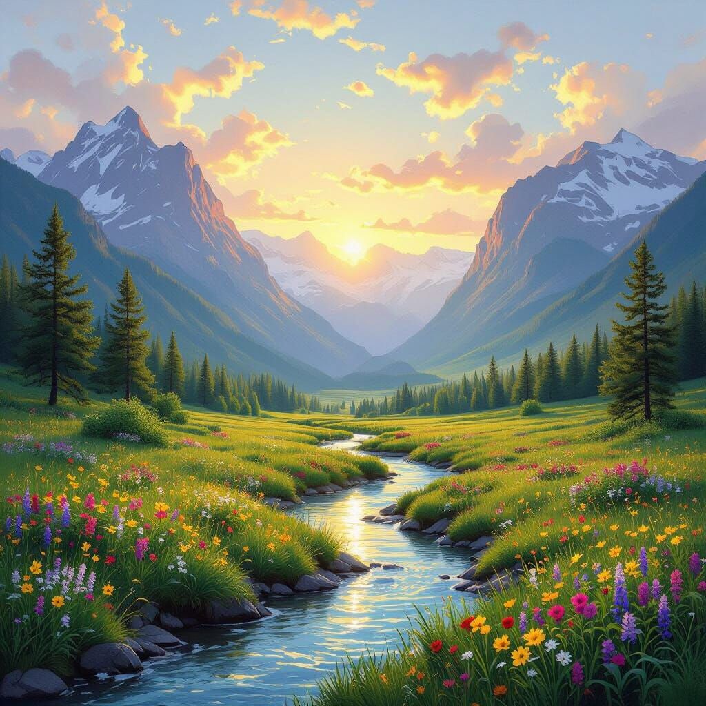 Golden Sunrise Over Majestic Mountain Valley