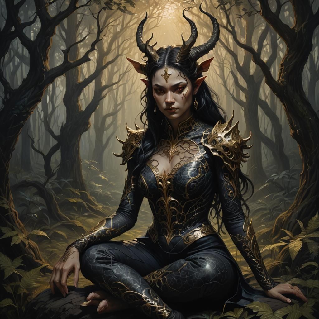 Ethereal Demon in Forest as Oil Painting