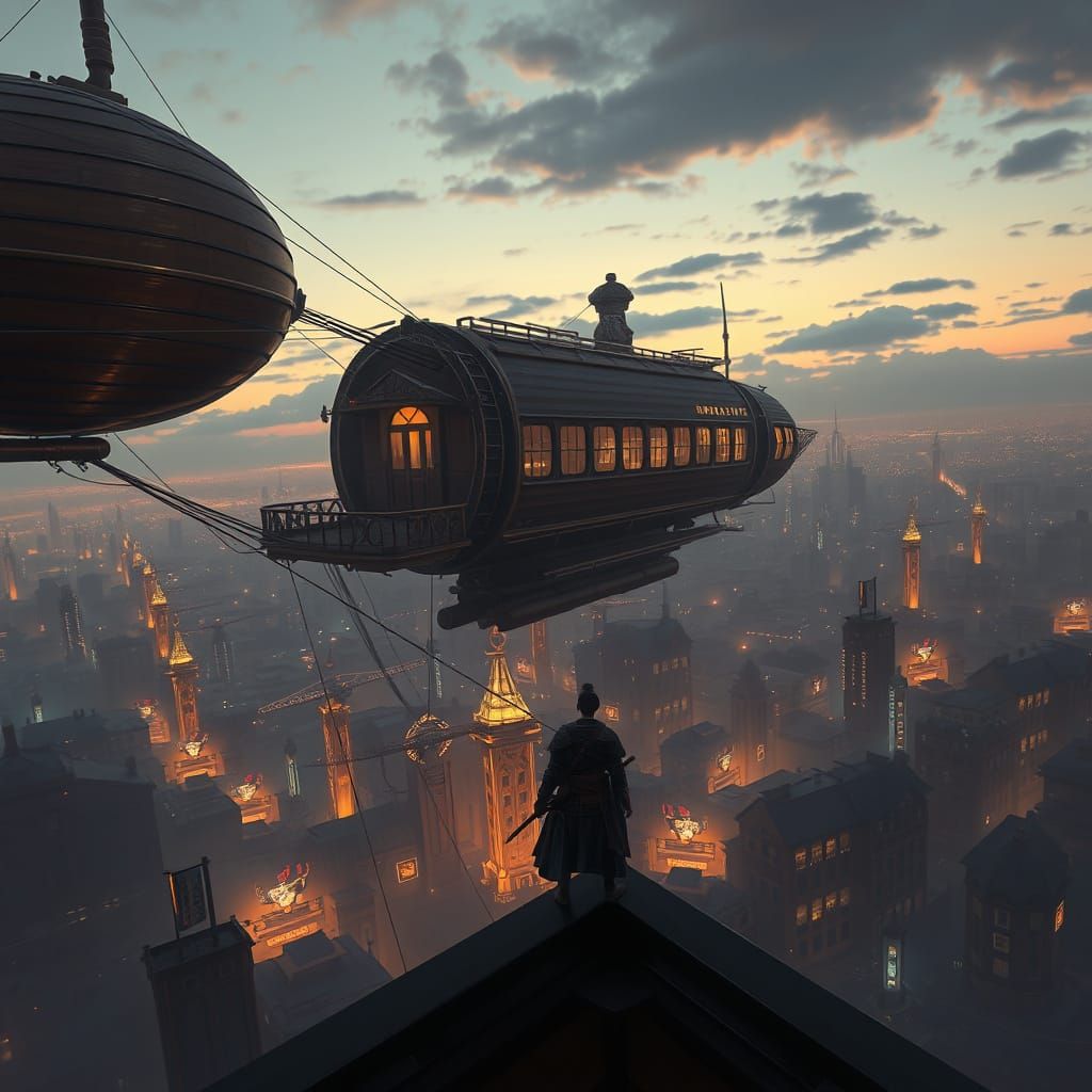 Airship Over Dystopian City with Samurai, Digital Painting