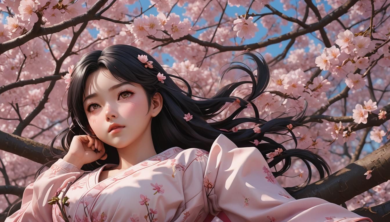 Anime Portrait of a Woman with Sakura Trees