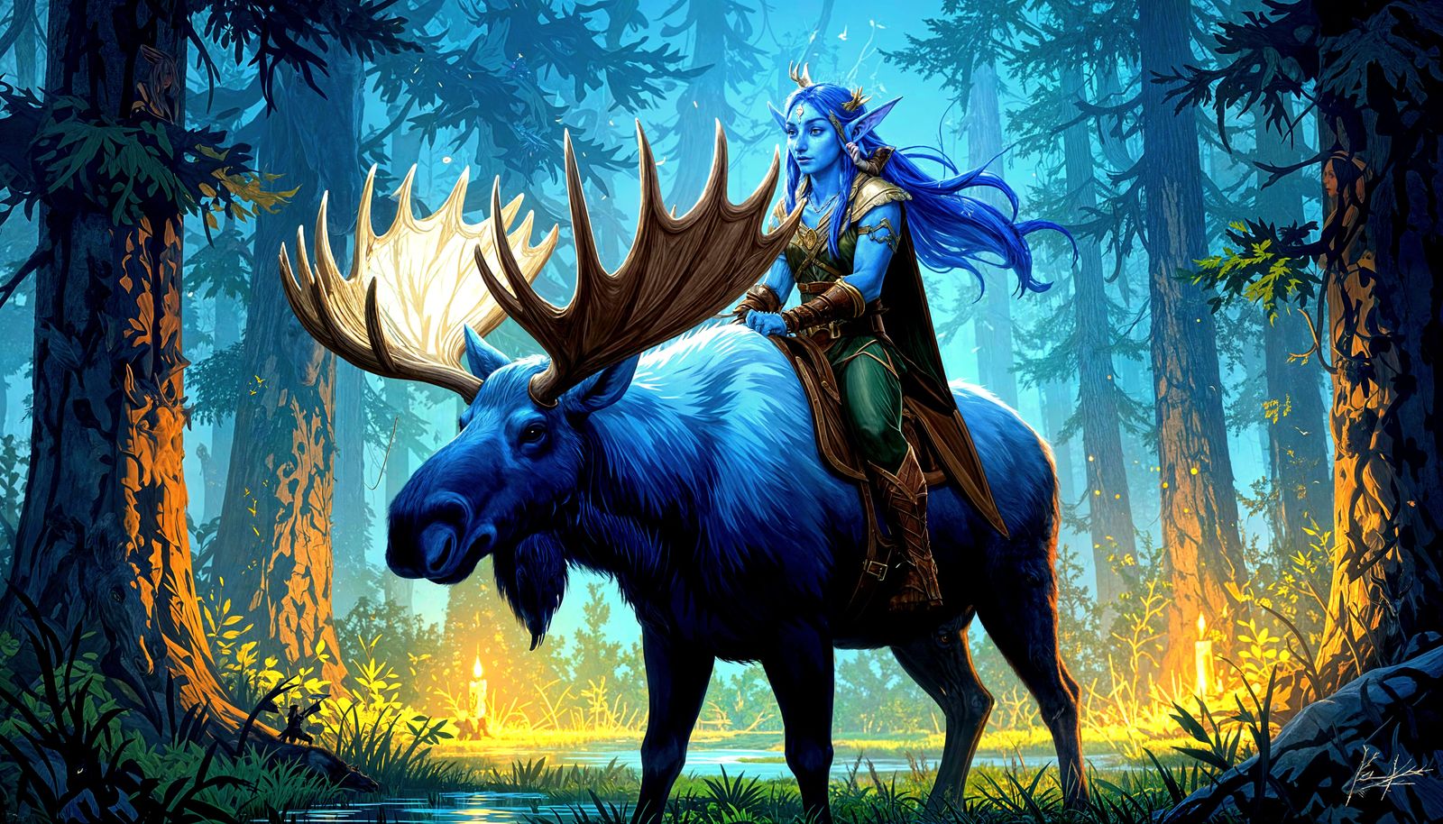 Night Elf Mounts Blue Moose in Fantasy Swamp