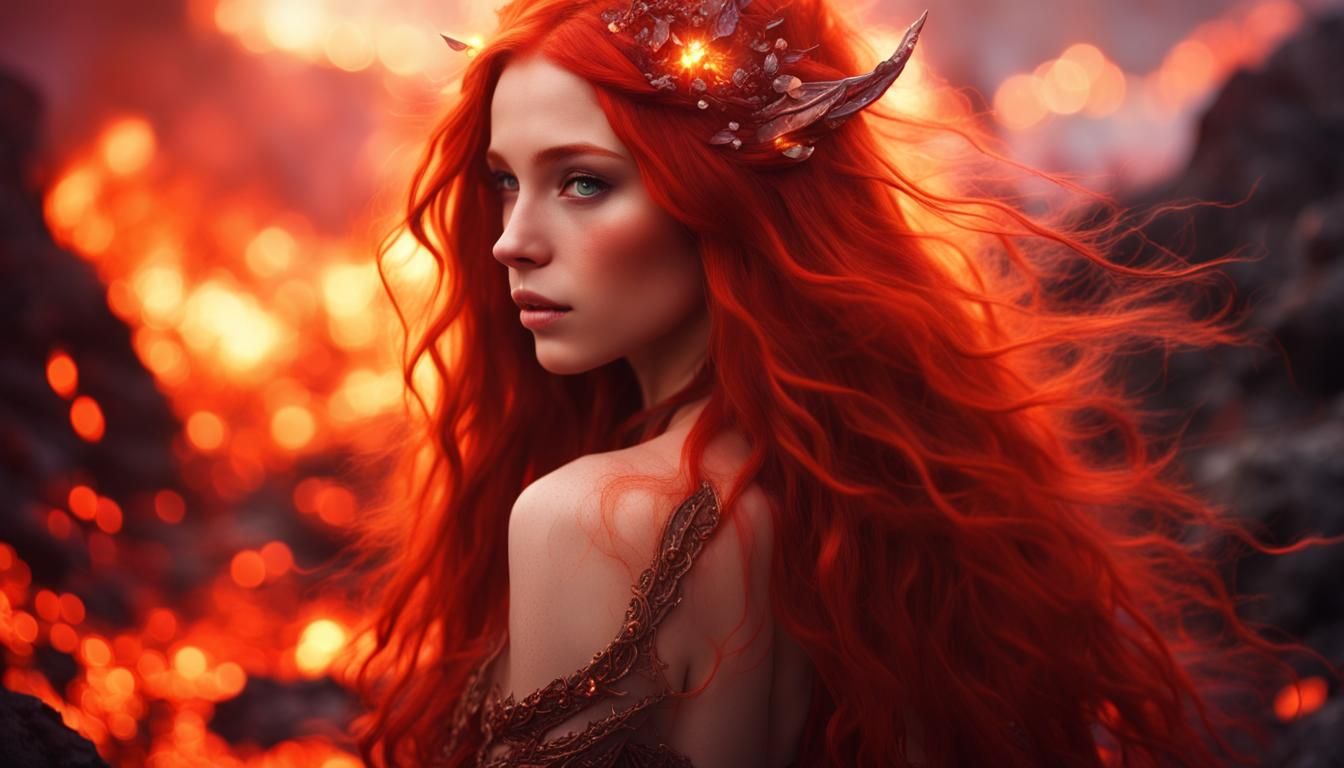 Enchanting Elf Girl in Fiery Lava Landscape