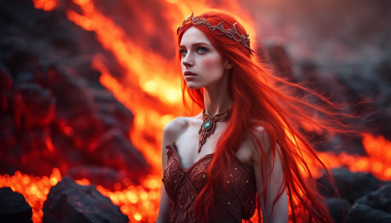 Enchanting Elf Girl in Fiery Lava Landscape
