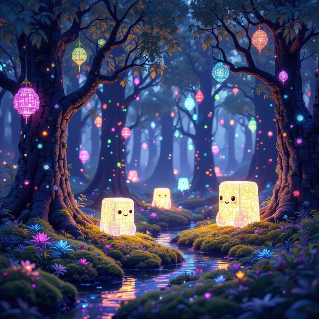Bioluminescent Hama Bead Forest with Glowing Creatures