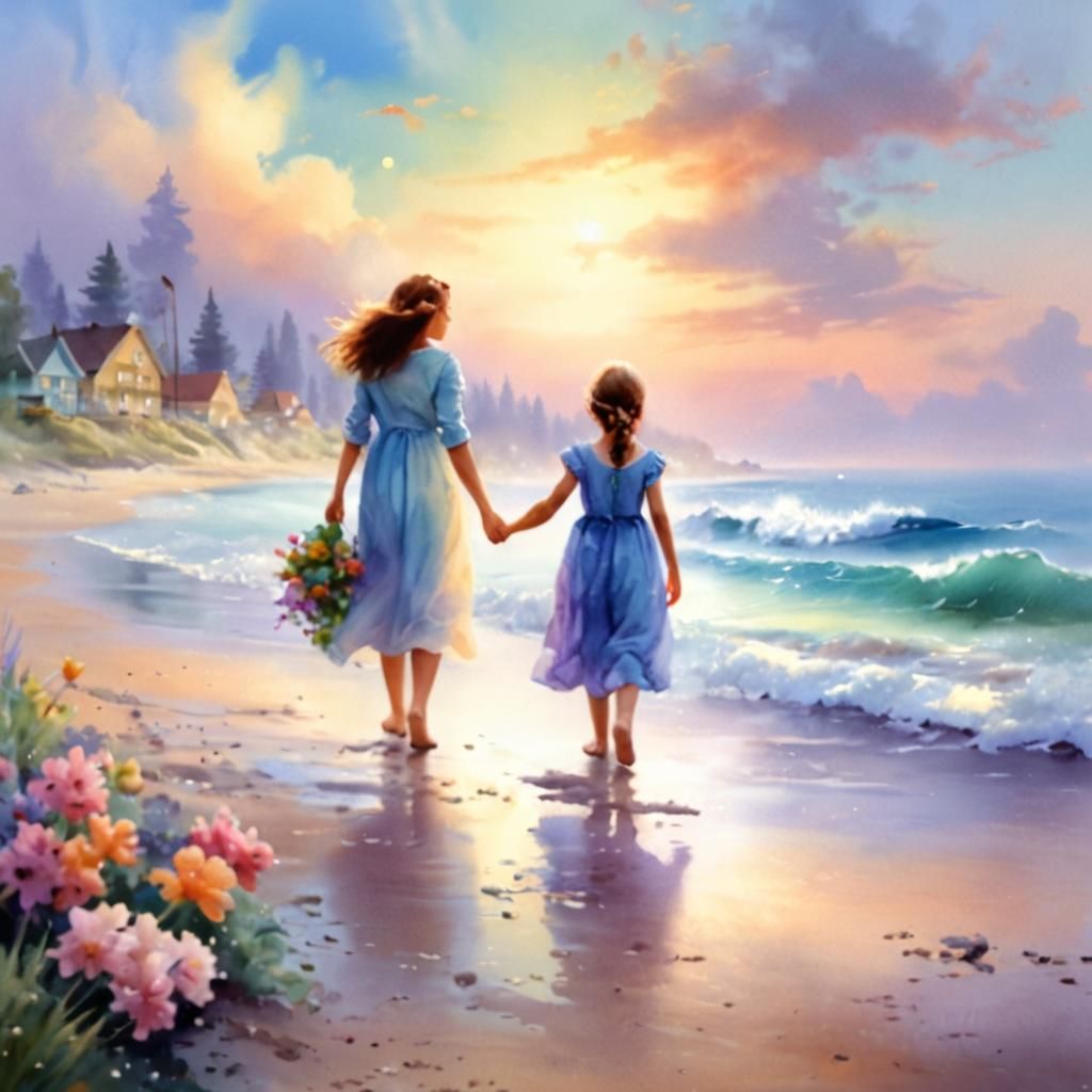Ethereal Beach Scene with Mother and Daughter in Whimsical W...