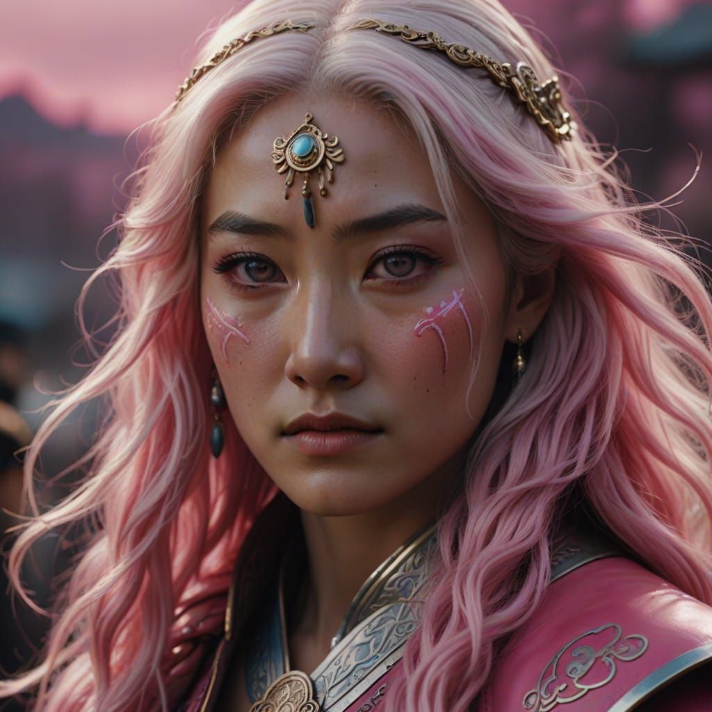 Mongolian Goddess with Pink Eyes in Hyperrealistic Style