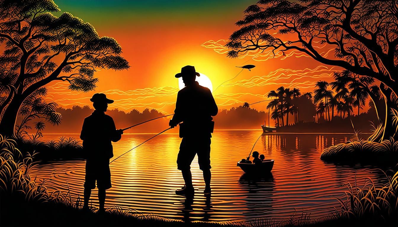 Father and Son Fishing with Vibrant Lighting