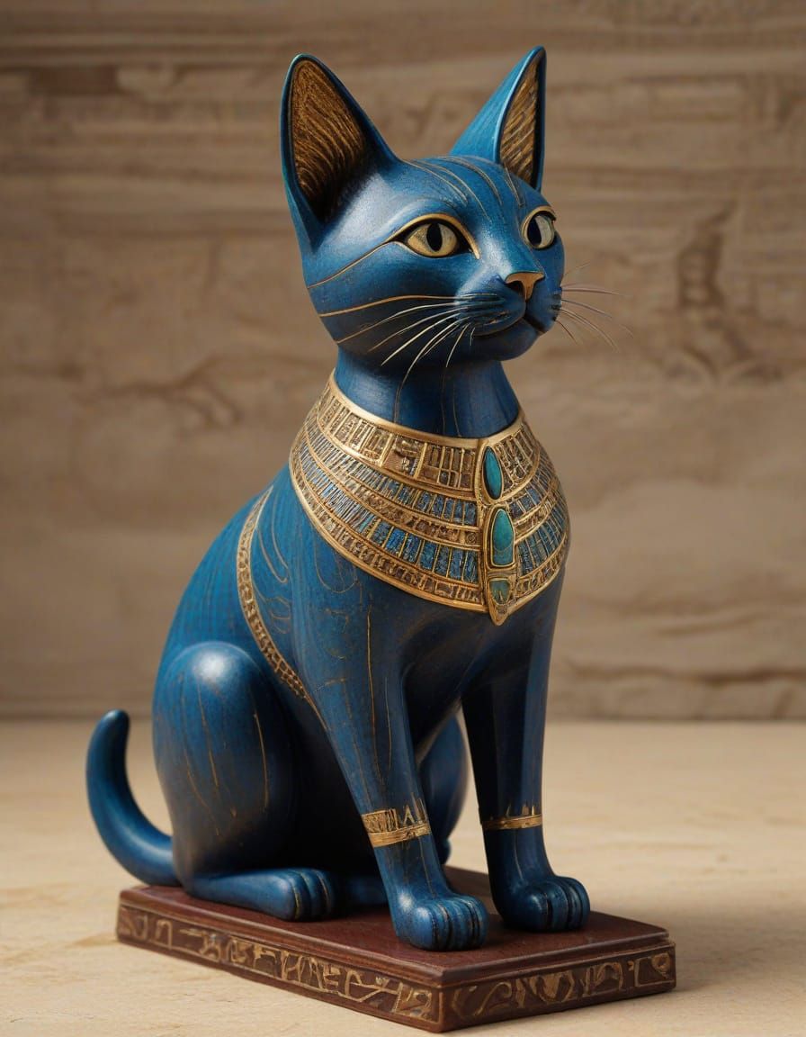 Ancient Egyptian Cat Statue in Gold, Turquoise, and Lapis La...