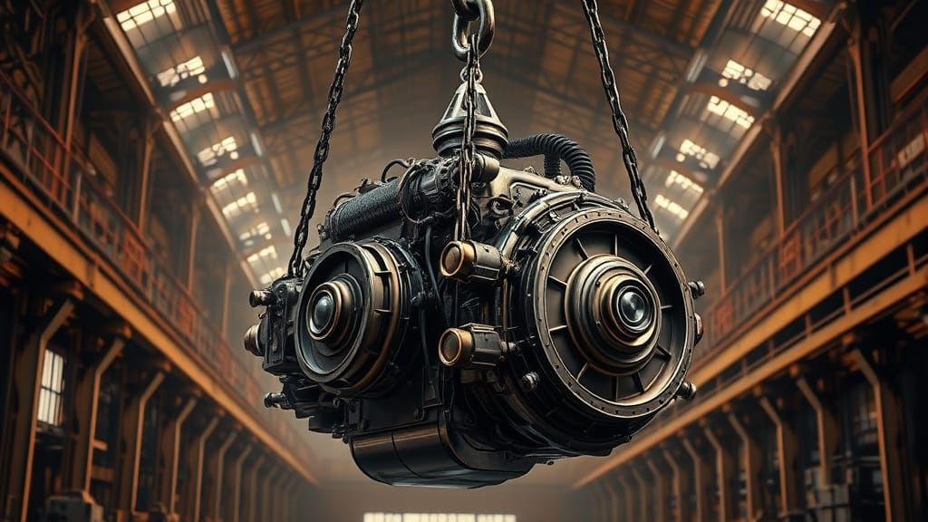 Vintage Maybach Engine Suspended in Industrial Factory