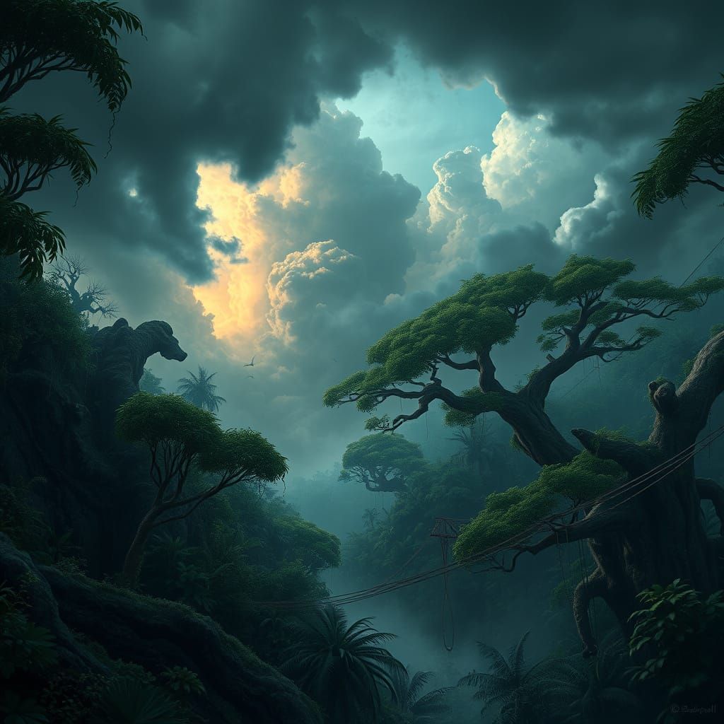 Fantastical Jungle Realm in a Turbulent Stormy Atmosphere