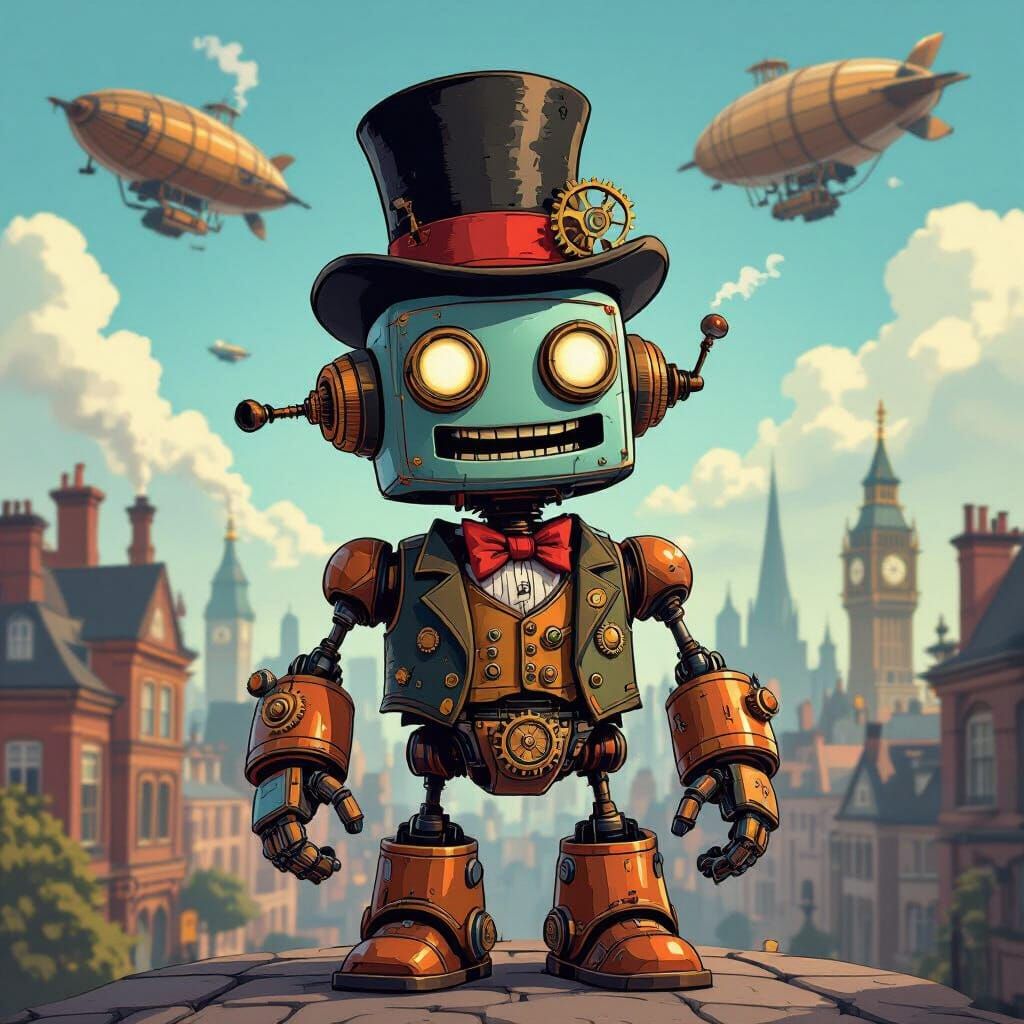 Whimsical Steampunk Robot in Victorian London Cartoon Style