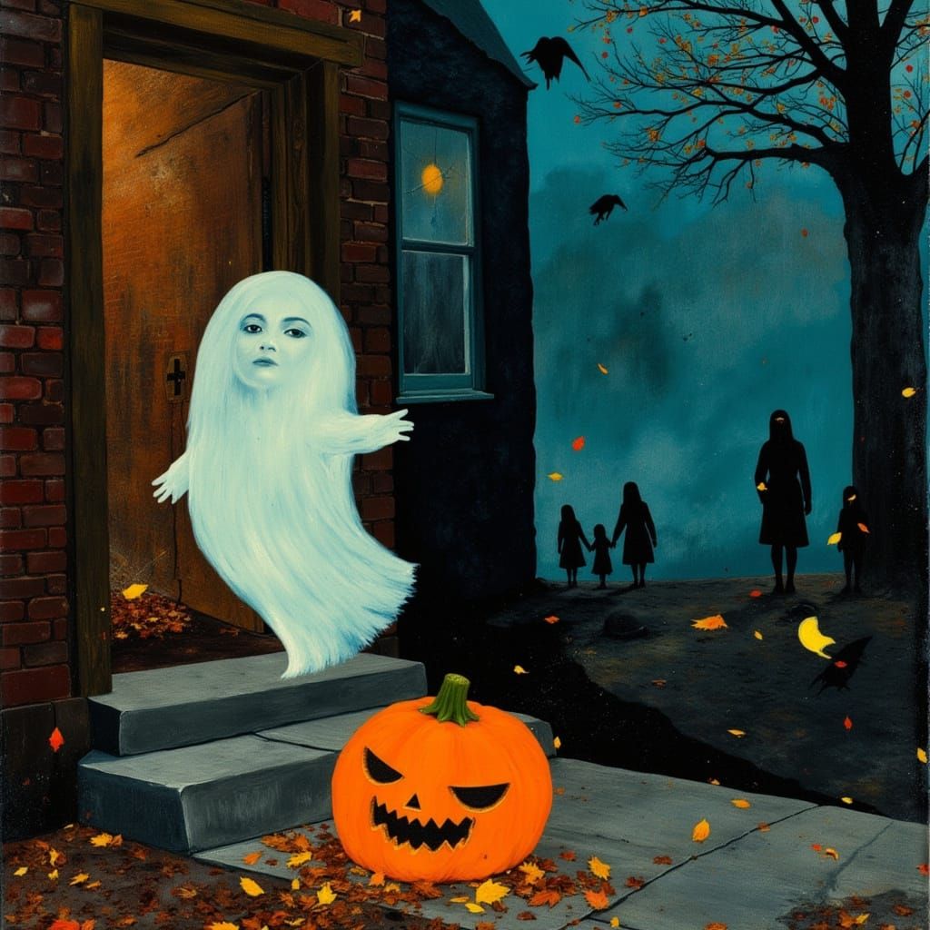 Friendly Ghost Beside Jack-o'-Lantern on Halloween Night