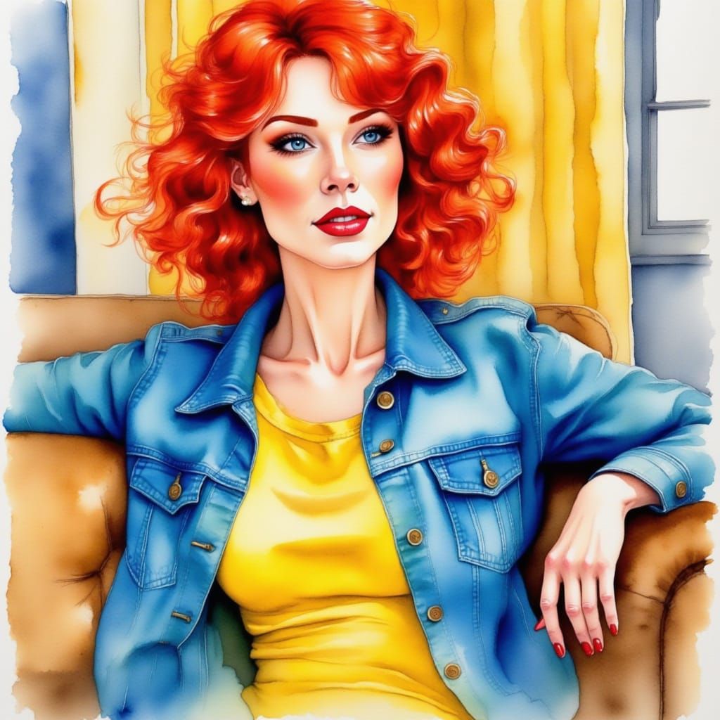 Woman with Red Hair in Expressive Watercolor Style