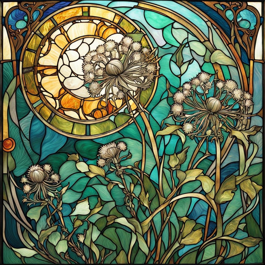 Art Nouveau Thistles and Dandelions in Stained Glass