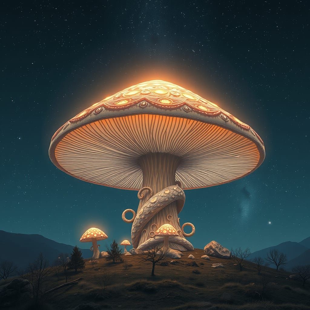 Ethereal Giant Mushroom Under Starry Sky