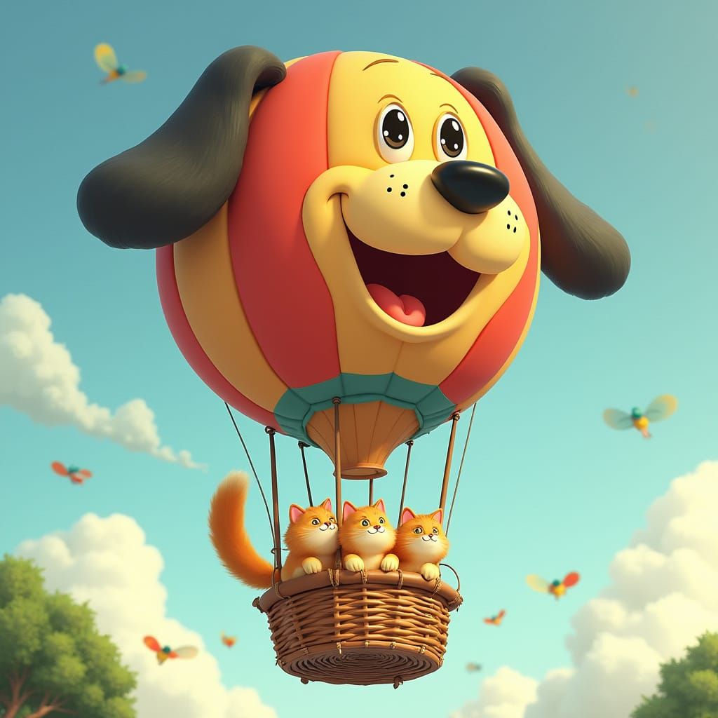 Dog Hot Air Balloon with Cats, Anime Style