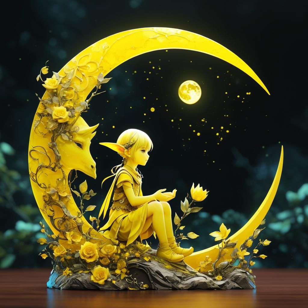 Yellow Crescent Moon with Elven Child in Anime Style