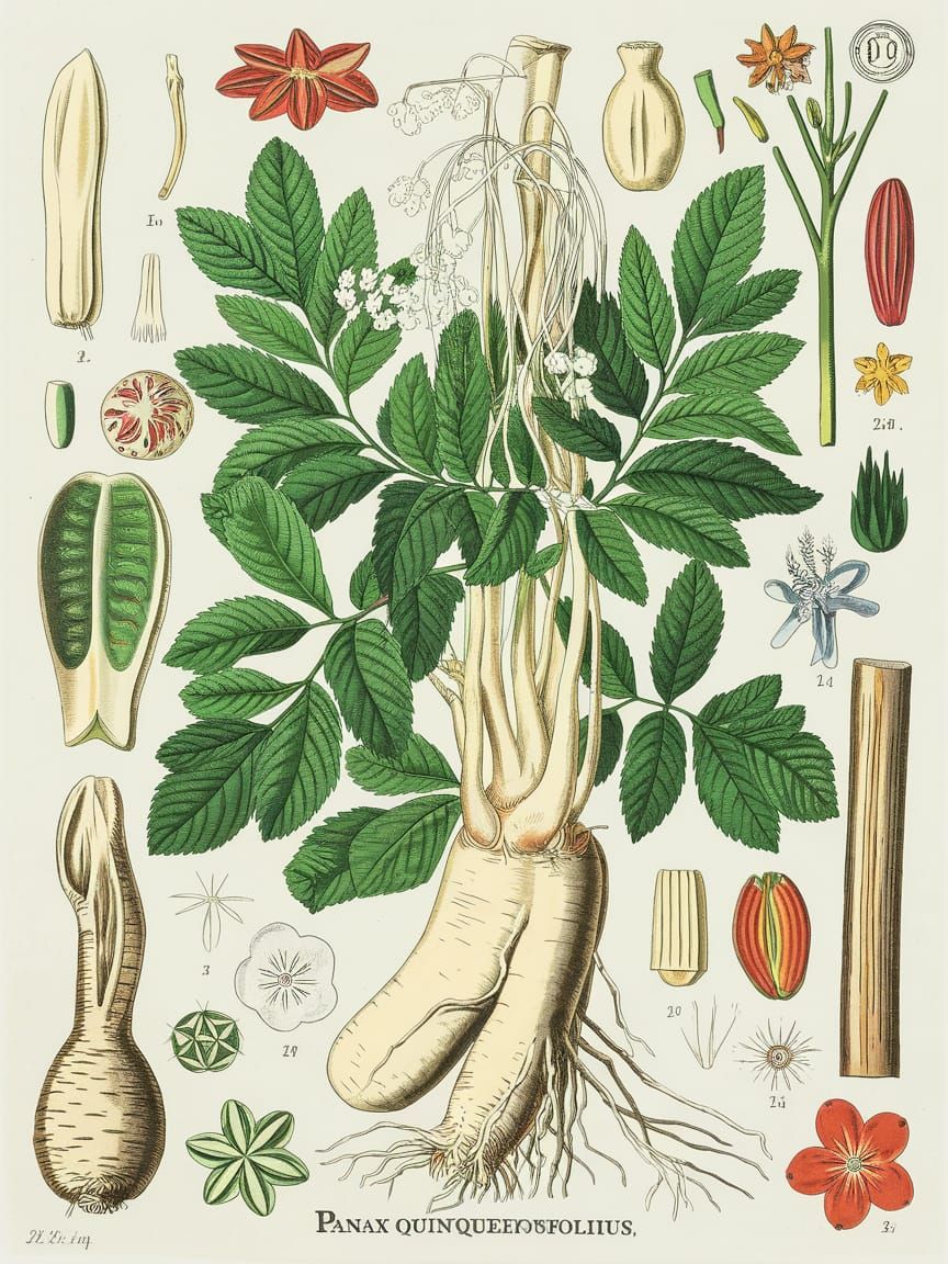 Ancient American Ginseng Woodcut Illustration