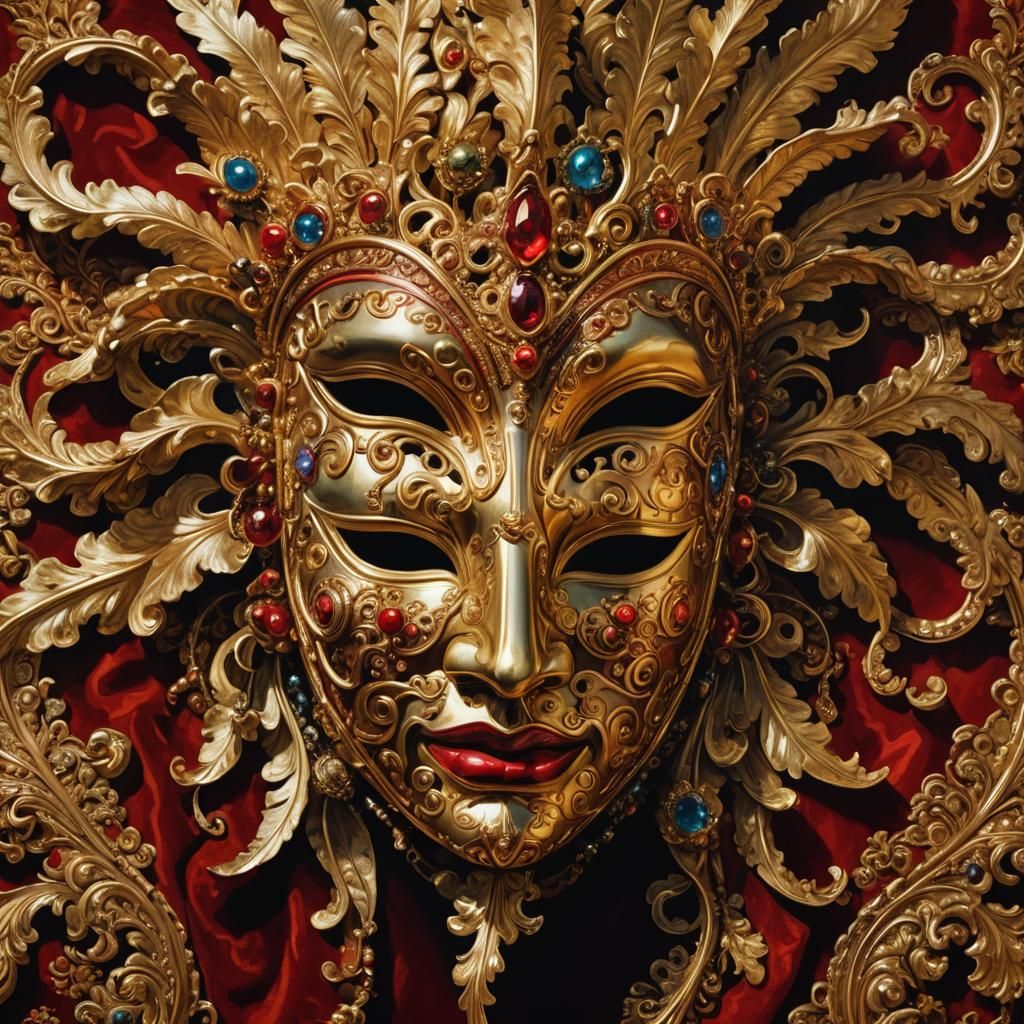 Ornate Mask Glimmers in Golden Light as Oil Painting