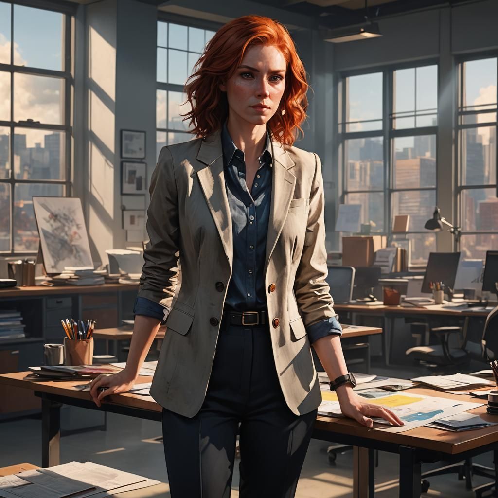 Red-Haired Woman in Office: Fantasy Concept Art