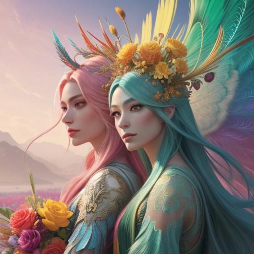 Fantasy Woman with Dragon Peacock in Vibrant Colors