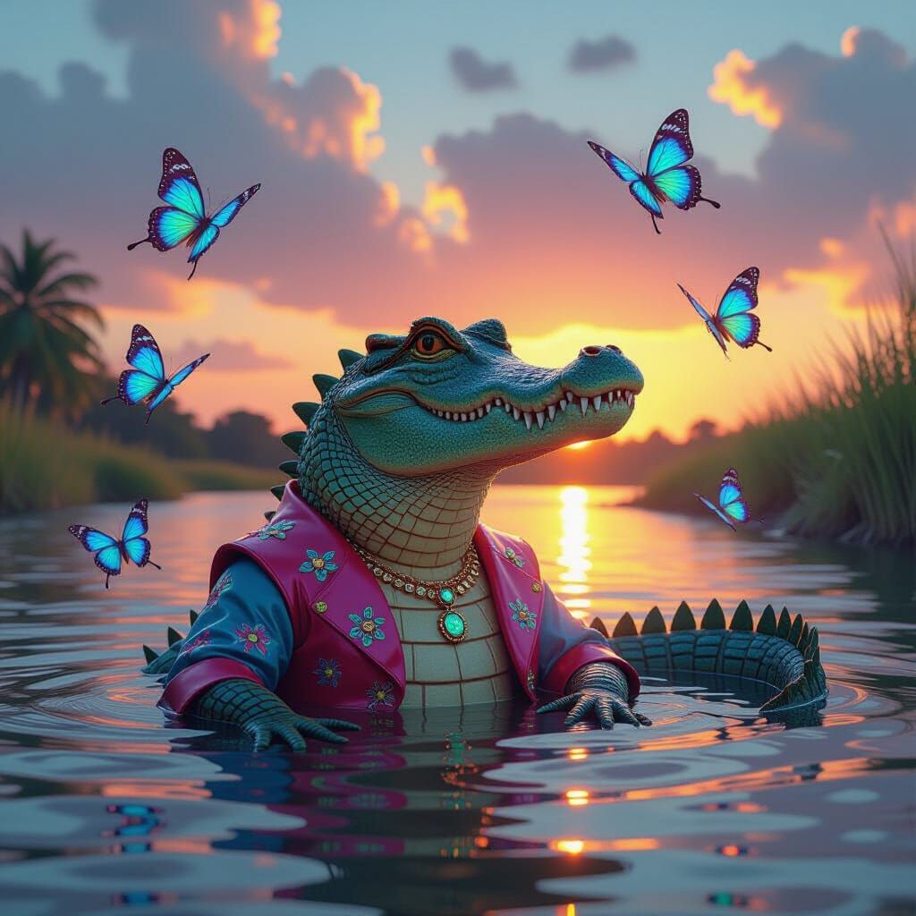 Playful Crocodile with Butterflies at Sunset