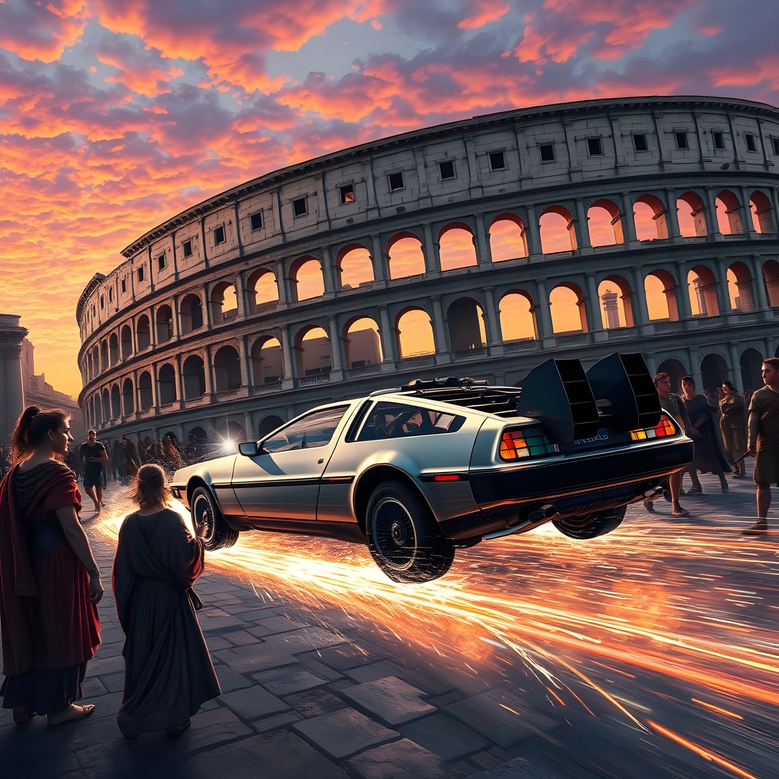 DeLorean Time Machine Races Through Ancient Rome
